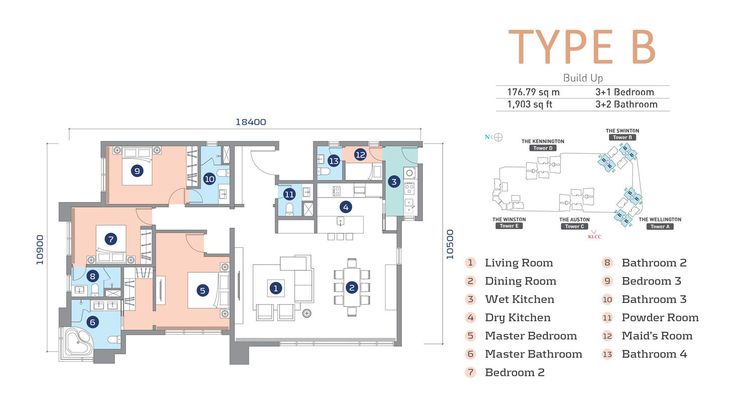 Cappella Embassy Type B floor plan — 1,903 sq ft, 3+1 bedroom, 3+2 bathroom